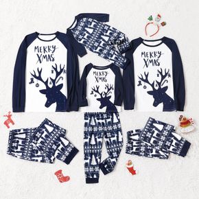 Christmas Reindeer and Letter Print Dark Blue Family Matching Raglan Long-sleeve Pajamas Sets (Flame Resistant)