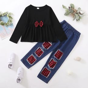 2-piece Kid Girl Bowknot Design Long-sleeve Top and Plaid Patchwork Ripped Denim Jeans Set