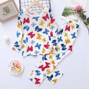 2-piece Kid Girl Animal Butterfly Print Long-sleeve Tee and Pants Pajamas Lounge Set (Flame retardant fabric)