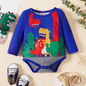 Baby Boy Cartoon Dinosaur and Cactus Print Blue Long-sleeve Romper
