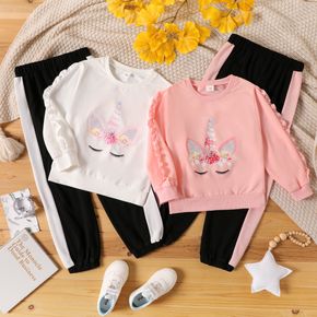 2-piece Kid Girl Unicorn Cartoon Print Ruffled White Pullover and Colorblock Pants Casual Set