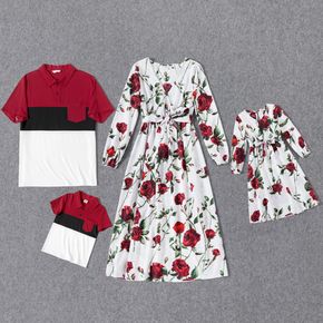 Family Matching All Over Rose Floral Print V Neck Long-sleeve Dresses and Color Block Short-sleeve Polo Shirts Sets
