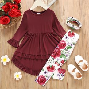 2-piece Toddler Girl Ruffled High Low Long Bell sleeves Ribbed Top and Floral Print Pants Set