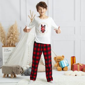 2-piece Kid Girl Christmas Letter Print Plaid Design Long-sleeve Top and Pants Sleepwear Pajamas Set