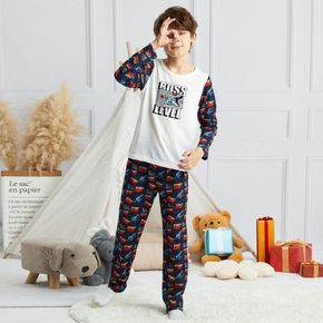 2-piece Kid Boy Letter Animal Dinosaur Print Long-sleeve Tee and Pants Pajamas Lounge Set