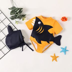 2pcs Baby Boy Cartoon Shark Print Short-sleeve Zip Swimsuit with Cap Set