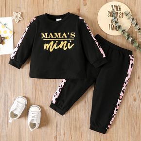 2pcs Baby Girl Letter Print Leopard Splicing Black Long-sleeve Sweatshirt and Trousers Set