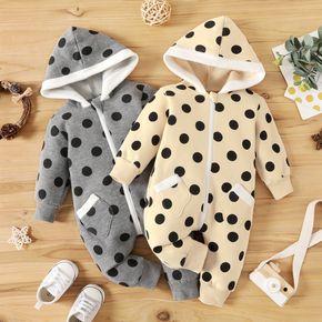 100% Cotton Baby All Over Polka Dots Fleece Lined Long-sleeve Hooded Jumpsuit