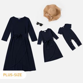 Crewneck Short-sleeve Wrap Belted Dress for Mom and Me