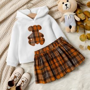 2-piece Toddler Girl Bear Embroidered Hoodie Sweatshirt and Plaid Skirt Set