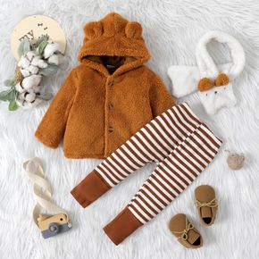 3pcs Baby 3D Ears Hooded Long-sleeve Thickened Fleece Outwear and Striped Ribbed Trousers Set