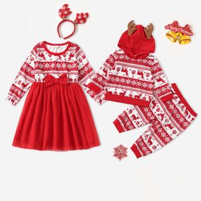 Christmas Print Splicing Red Sibling Matching Long-sleeve Sets