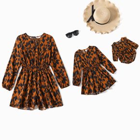 Allover Leopard Print Long-sleeve Romper Shorts for Mom and Me