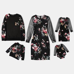 Family Matching Floral Print Black Mesh Long-sleeve Dresses and Sweatshirts Sets