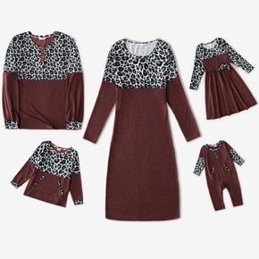 Family Matching Contrast Leopard Long-sleeve Dresses and Top Sets