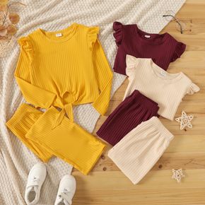 2-piece Kid Girl Ruffled Tie Knot Long-sleeve Ribbed Top and Solid Color Pants Set