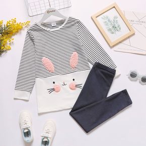 Easter 2-piece Kid Girl Cat Embroidered Striped Long-sleeve Top and Solid Color Leggings Set