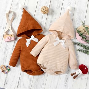 Baby Girl Solid Waffle Long-sleeve Bowknot Pom Pom Hooded Romper