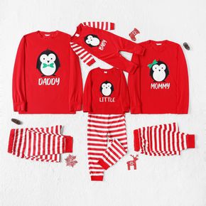 Christmas Cartoon Penguin and Letter Print Red Family Matching Long-sleeve Striped Pajamas Sets (Flame Resistant)