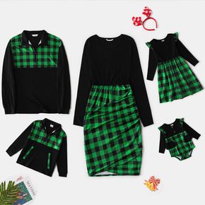 Christmas Family Matching Contrast Buffalo Plaid Long-sleeve Wrap Dress and Zip Half Placket T-shirts Sets