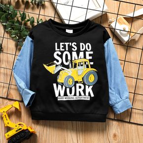 Toddler Boy Letter Vehicle Excavator Print Colorblock Denim Sleeve Sweatshirt