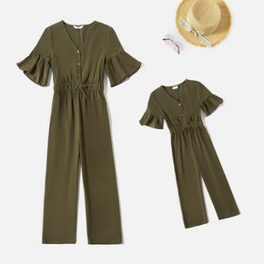 100% Cotton Army Green V Neck Ruffle Half-sleeve Jumpsuit for Mom and Me