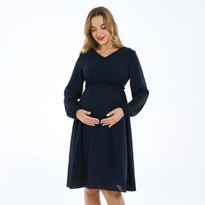 Maternity Dark Blue Long-sleeve Swiss Dot Dress