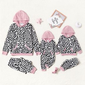 All Over Leopard Splicing Pink Long-sleeve Hoodie with Pants Sets for Mom and Me