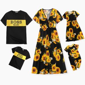 Family Matching Sunflower Floral Print Black Midi Dresses and Short-sleeve T-shirts Sets