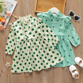 Toddler Girl Ruffle Collar Polka dots/Cactus Print Button Design Long-sleeve Dress