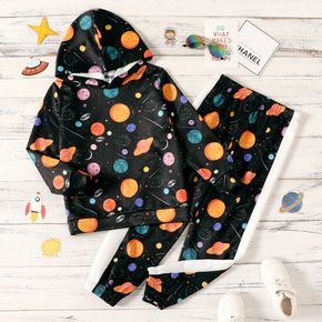 2-piece Kid Boy Space Planet Print Hoodie Sweatshirt and Elasticized Pants Set