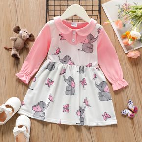 Toddler Girl Elephant Print Doll Collar Button Design Colorblock Long-sleeve Dress