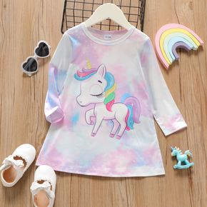 Toddler Girl Unicorn Print Tie Dye/ Rainbow Cloud Print Long-sleeve Dress