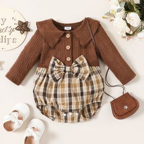 Baby Girl Brown Cable Knit Lapel Long-sleeve Splicing Plaid Bowknot Romper