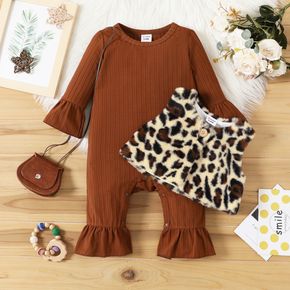 2pcs Baby Girl Brown Ribbed Long-sleeve Bell Bottom Jumpsuit and Leopard Fuzzy Fleece Vest Set