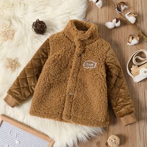 Toddler Boy Letter Embroidered Patch Stand Collar Fuzzy Coat
