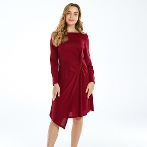 Burgundy Color Twist Knot Round-collar Long-sleeve Short Dress