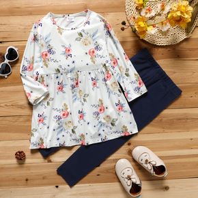 2-قطعة طفلة صغيرة الأزهار طباعة قميص طويل الأكمام ومجموعة طماق الأزرق الداكن