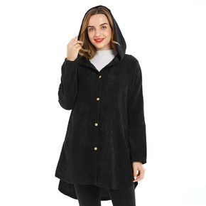 Maternity Black Minimalist Button Up Long-sleeve Hooded Coat