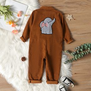 Toddler Boy Elephant Embroidered Lapel Collar Button Design Long-sleeve Brown Jumpsuit