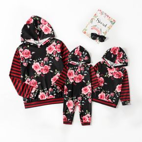 All Over Floral Print Splicing Striped Long-sleeve Hoodies for Mom and Me