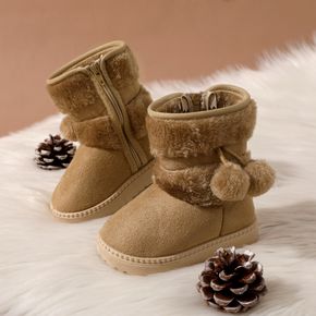 Toddler / Kid Khaki Double Pompon Decor Side Zipper Warm Fleece-lining Boots