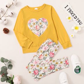 2-piece Kid Girl Floral Print Heart Pattern  Pullover Sweatshirt and Pants Set