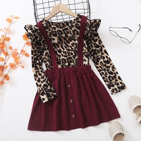 2-piece Kid Girl Leopard Print Ruffled Long-sleeve Top and Button Design Suspender Skirt Set