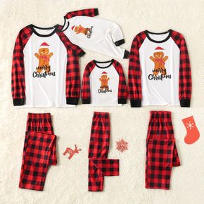Merry Christmas Gingerbread Man and Letter Print Family Matching Long-sleeve Buffalo Plaid Pajamas Sets (Flame Resistant)