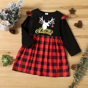 Toddler Girl Christmas Letter Deer Print Plaid Long-sleeve Splice Dress