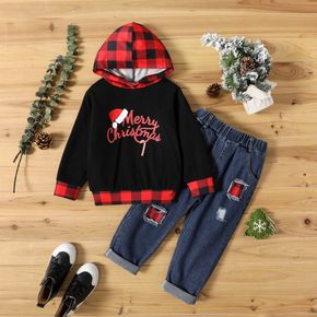 2-piece Toddler Boy Christmas Letter Print Plaid Hoodie Sweatshirt and Patchwork Ripped Denim Jeans set