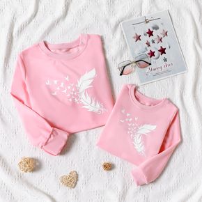 Feather Print Pink Long-sleeve Sweatshirt for Mom and Me