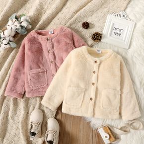 Toddler Girl Solid Color Button Design Fuzzy Coat