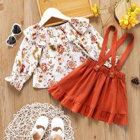 2-piece Toddler Girl Floral Print Flounce Long-sleeve Top and Ruffled Suspender Skirt Set